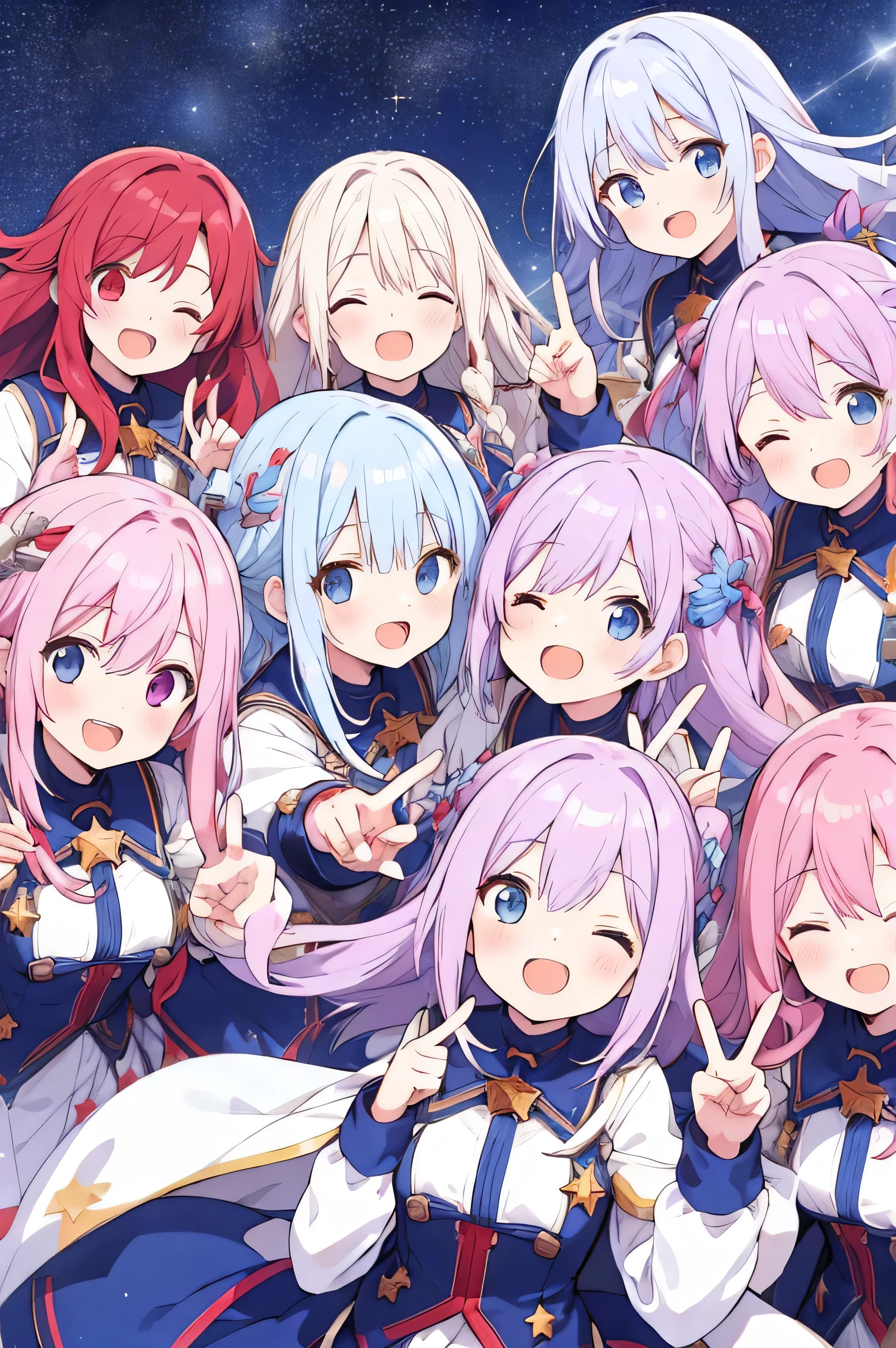 6+ girls, multiple colored hairs, random heroine clothes, random cute faces, game heroines, super happy smiling, open mouth, closed eyes, group shot, zoom camera, peace sign, happy end, starry sky
