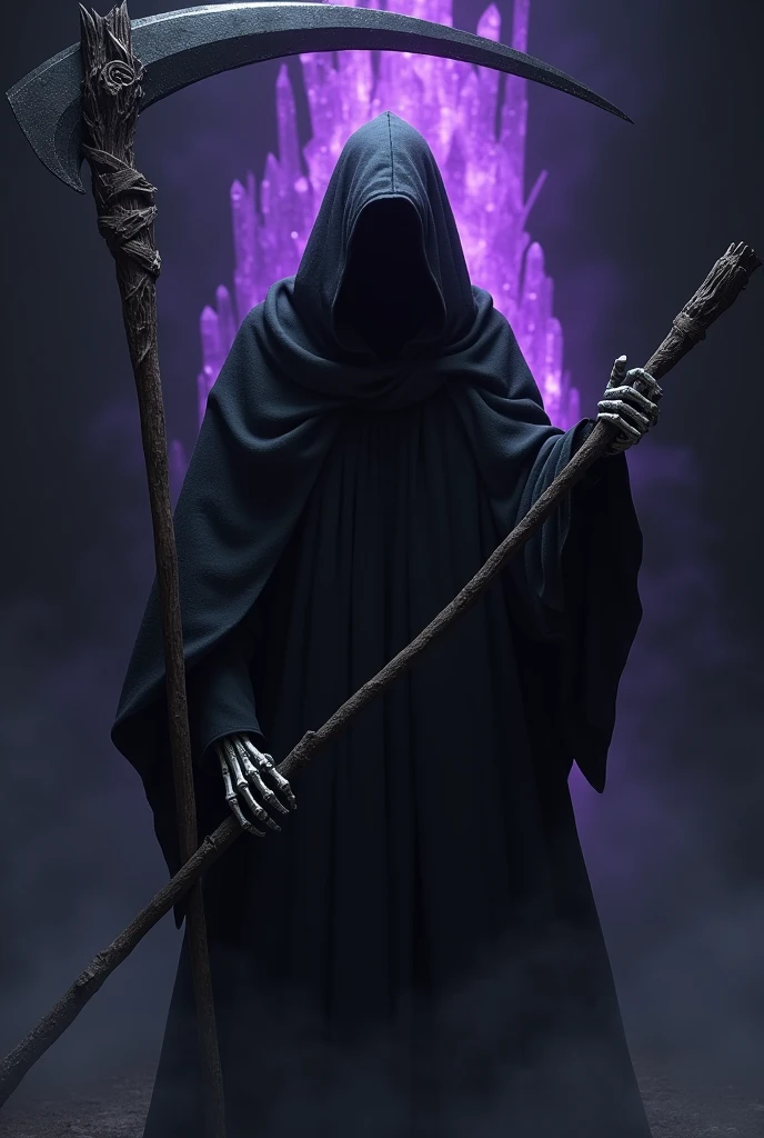 Dark hooded robe, bony hands holding a large scythe, black background, purple crystals glowing behind it, there is no skeleton figure , robe extending outwards, there is no white light, scythe blade very long