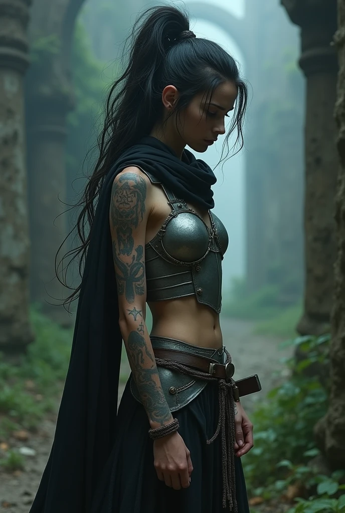 night, very dimly lit, highly detailed, intricate, random view angle, skinny female warrior, extensively tattooed with runes, confidence, asserted, lost in thoughts, exhausted, disappointed, fantasy futuristic mixed setting, extremely long voluminous hair, extremely long voluminous ponytail, long scarf, silver breastplate, low-rise flowing maxi skirts, very strong wind, old abandoned overgrown ruins