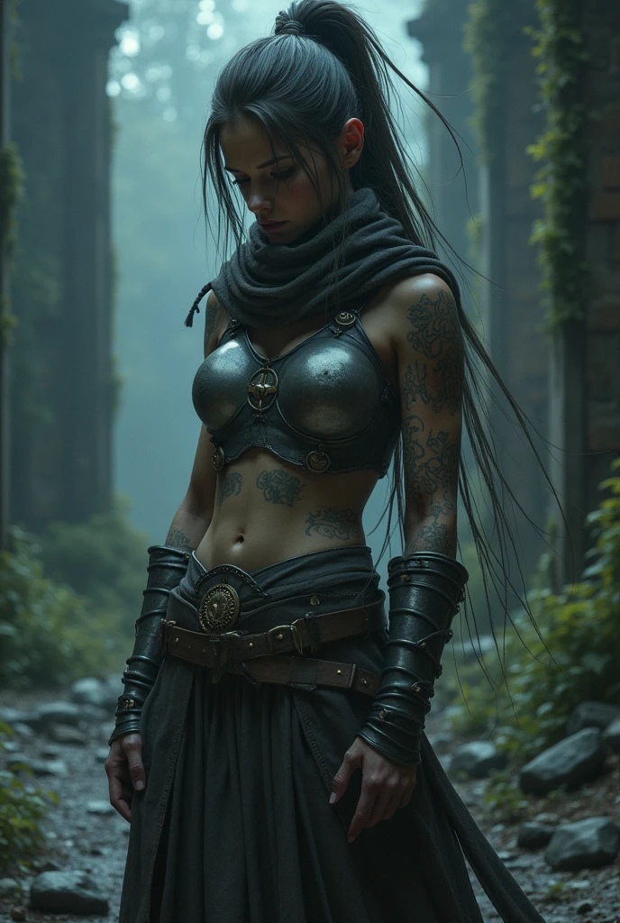 night, very dimly lit, highly detailed, intricate, random view angle, skinny female warrior, extensively tattooed with runes, confidence, asserted, lost in thoughts, exhausted, disappointed, fantasy futuristic mixed setting, extremely long voluminous hair, extremely long voluminous ponytail, long scarf, silver breastplate, low-rise flowing maxi skirts, very strong wind, old abandoned overgrown ruins