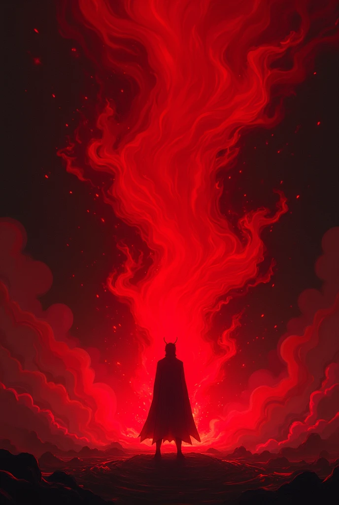 ((Best Quality)), ((masterpiece)), (detailed), an electric king aura of king haki in anime style, all red color, with the black silhouette of a simple person in the center. With a black background, and with black magic rays.