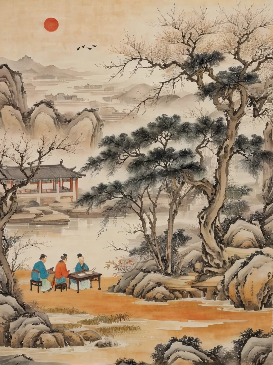 Chinese landscape painting，ink and watercolor painting，water ink，ink，Soil，Vision，Ultra-wide viewing angle，meticulous，A group of scholars chatting under the persimmon tree, Jiangnan countryside, Ancient Chinese Scholars&#39;Book Illustrations, Feng Zikai style, Minimalism, Line Art, ink和,White background