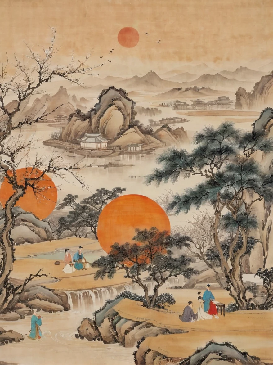 Chinese landscape painting，ink and watercolor painting，water ink，ink，Soil，Vision，Ultra-wide viewing angle，meticulous，A group of scholars chatting under the persimmon tree, Jiangnan countryside, Ancient Chinese Scholars&#39;Book Illustrations, Feng Zikai style, Minimalism, Line Art, ink和,White background