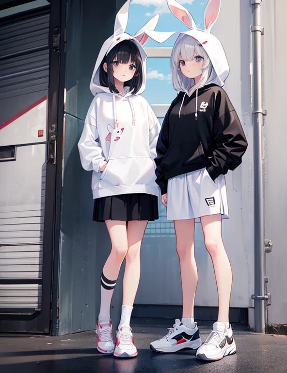 1 female,White Bunny Hoodie,Het Fong,Black and white sneakers,Are standing,whole