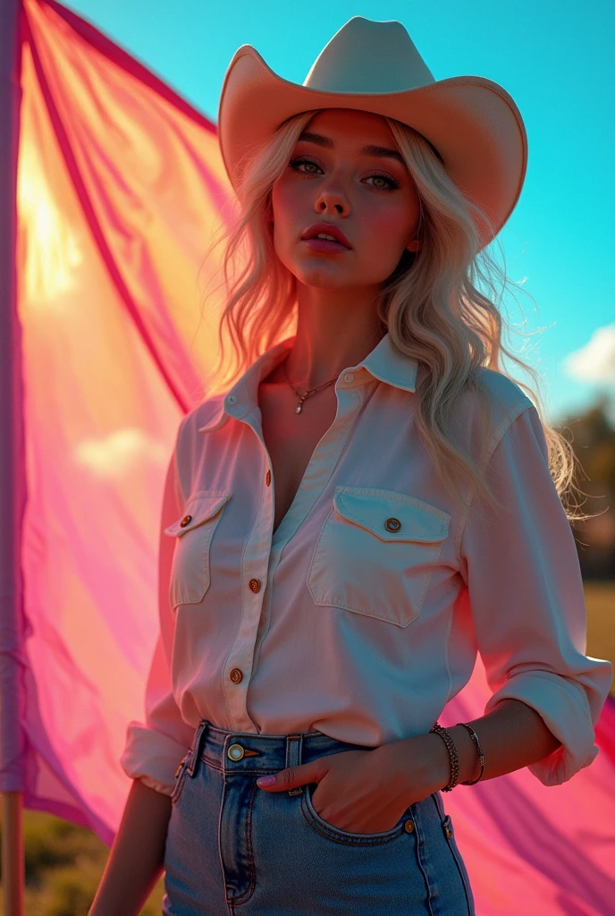 Cowgirl holding a blank banner Amish clothing shirt oversized pants Stunning eyes Stunning face Creamy hair Gorgeous hair Cowgirl outfit Stunning clothes Charming colours Amazing colors Very detailed and beautiful Sun background Sun glasses With her nerdy friend and glamorous background, amazing wallpaper, Liv Tyler, Salma Hayek, highly detailed and beautiful wallpaper, HD image - auto fonts - neon fonts,, , neon blue, neon in different colors, cyberpunk,, Colorful neon lights