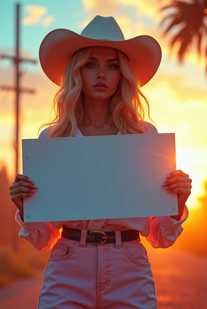 Cowgirl holding a blank banner Amish clothing shirt oversized pants Stunning eyes Stunning face Creamy hair Gorgeous hair Cowgirl outfit Stunning clothes Charming colours Amazing colors Very detailed and beautiful Sun background Sun glasses With her nerdy friend and glamorous background, amazing wallpaper, Liv Tyler, Salma Hayek, highly detailed and beautiful wallpaper, HD image - auto fonts - neon fonts,, , neon blue, neon in different colors, cyberpunk,, Colorful neon lights