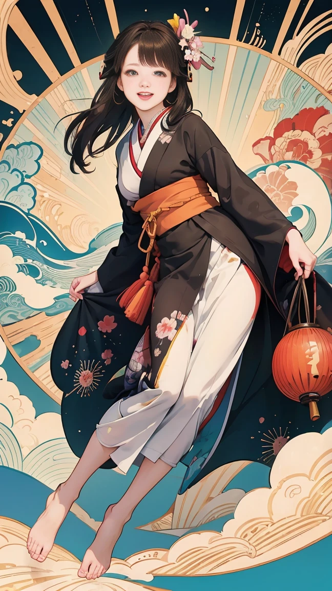 (SeaArt creates stunning illustrations of beautiful women in kimono)、Vividly colored Japanese Ukiyo-e style illustrations、A beautiful woman smiles and shows her upper white teeth、Brown-black long hair、Beautiful full body style、Let's dance a little Tokyo Ondo Yoiyoi、Beautiful new digital paintings,、Bright vibrant digital anime art、 Beautiful anime portraits、background、Torii gate of the Japan shrine、 Detailed digital anime art、