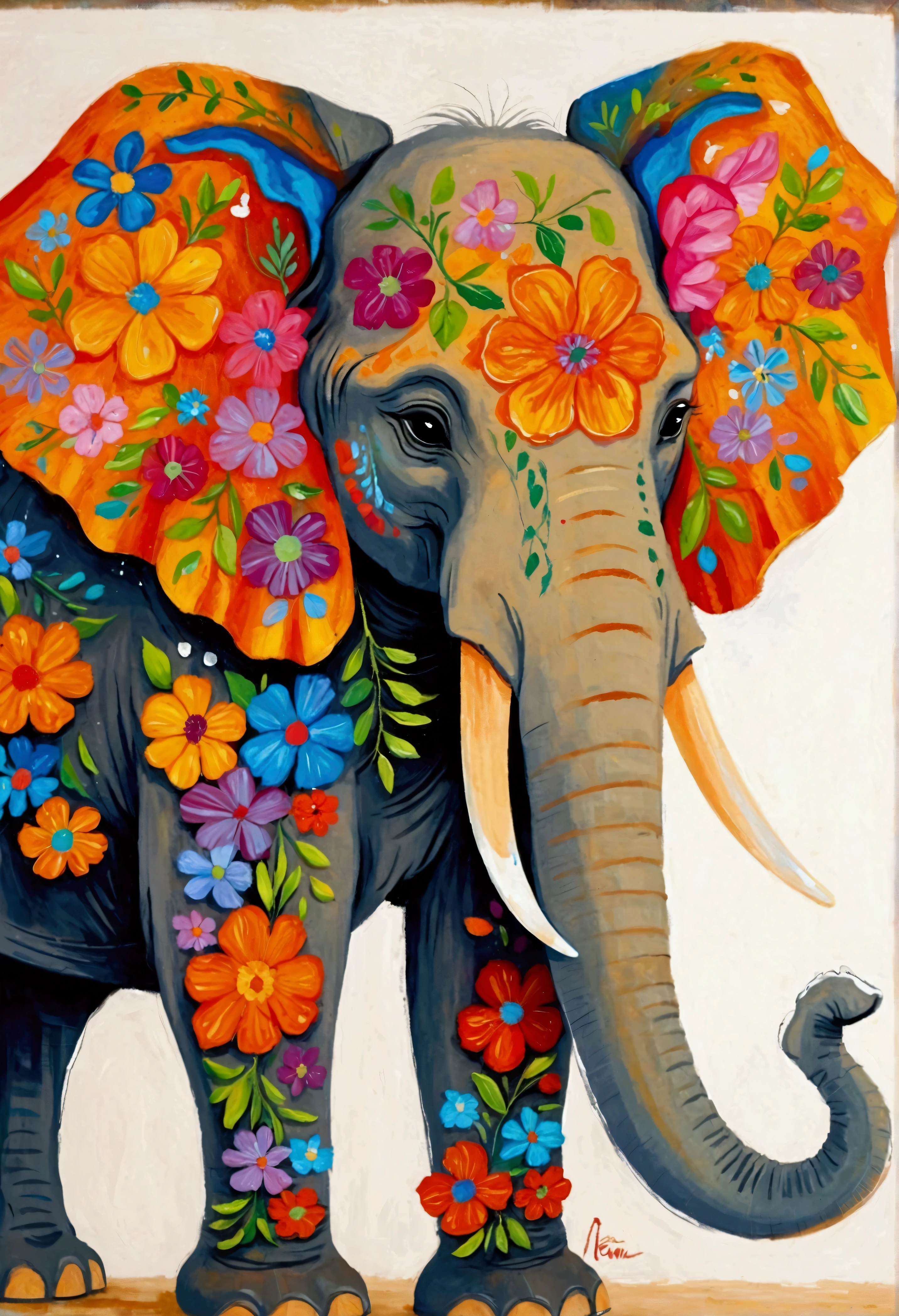 brightly colored painting of an elephant with flowers on its head, colored elephant art, cute elephant, elephant, elephant head, half elephant, Animal Painting, focus on the elephant, elephant in the room, colorful、Rich in details, Extremely beautiful, Beautiful masterpiece, A beautiful tall painting, Extremely colorful, detailed beautiful animals, Very wow, an elephant, Magnificent paintings