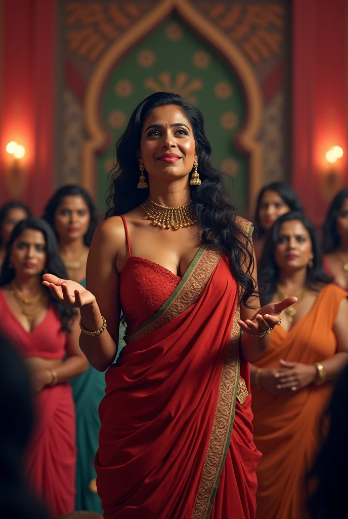 An Indian hot woman with a big ass is giving a speech on stage and girls with big breasts are listening to her speech