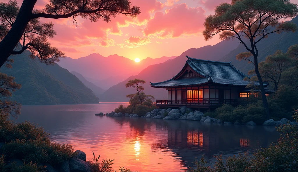 Japanese landscape, realistic rendering, traditional Japanese house in the background, sunset, vivid colors, 8K,