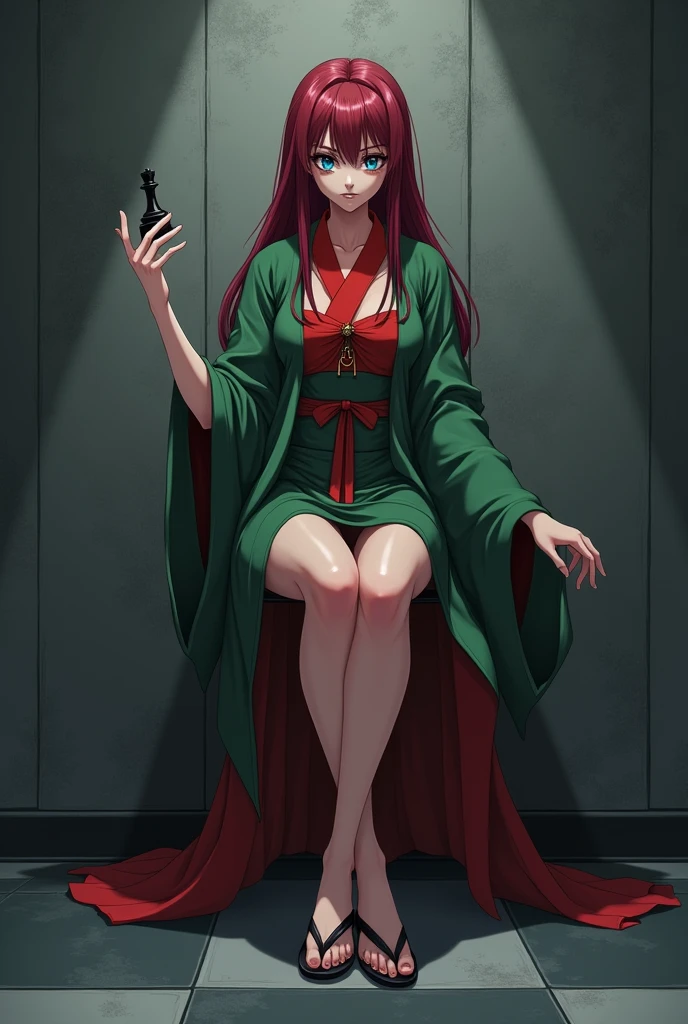 The image is anime style with shadows and dim lights, anime style although somewhat adult and dark, It shows a 40-year-old adult woman with blue eyes and wearing a beautiful oversized green and red yukata.; He also wears sandals. She has very long and loose hair., dark red, with a face that shows malice, She has beautiful feet. The background of the image is a grey wall. is beautiful, but he seems like a psychopath. He holds a chess piece in his hand.