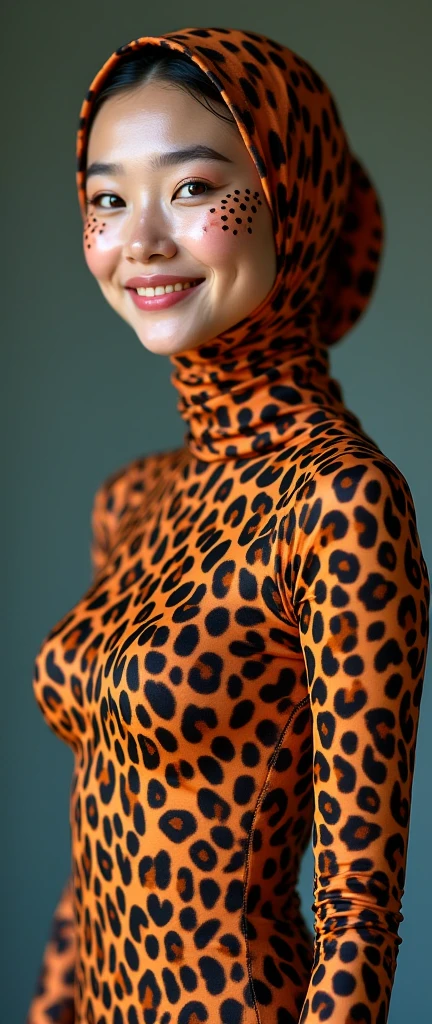 The beautiful and thin asian muslumah adult girl with beautiful cheeks wears mainland clouded leopard print lycra turtleneck unitard catsuit covered with spots and mainland clouded leopard print lycra elastane stretchy dancewear 100% stretchy hijab covered with spots.She is happy.She always put fake clouded leopard spots animal face makeup that are made of grey and black makeup pen.