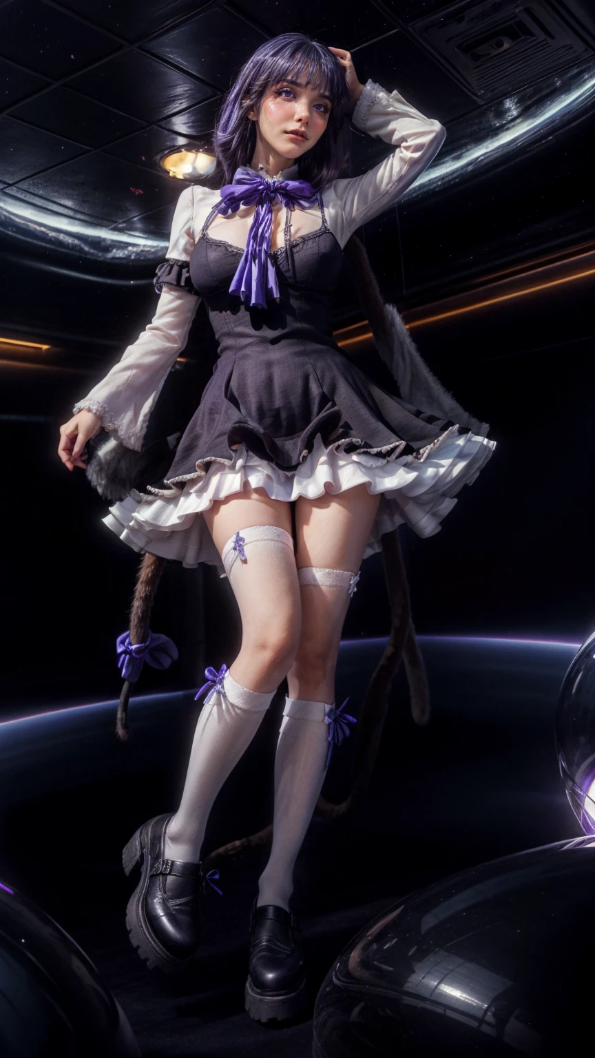(1 lady), (Best quality at best:1.4), (ultra - detailed), (extremely detailed CG unified 16k), A Beautiful Woman with Perfect Figure: 1.4, Sharp Focus: 1.2, purple hair, very detailed, High-definition RAW color photo, professional photoshooting, amazing face and eyes, cosmetics, (amazingly beautiful girl), ((frederica bernkastel)), Bethcast, ((exact clothes: dress, bowtie, mary janes, socks, cat tail, tail bow, tail ornament)), levitating in a cute posture, (floating in space), (She's levitating in a cosmic sea, outer space:1.3, quantum hyperspace room lacking walls, hyperspace chamber, extremely detailed background, a lot of details background, realistic background), (look from above), realistic cinematic face, head to feet long wide zoomed out view, full body long view, photorealistic, ((realistic natural purple hair style, purple eyes)), gorgeous, extremely beautiful face, perfect model beauty, pout mouth, Highly Detailed Face and Skin Texture, Detailed Eyes, Double Eyelids, Big Breasts, Expressionless, (masterpiece), best quality, high resolution, extremely detailed, cinematic lighting, amazing legs, high heels, clear and well-cared skin, pale skin, frederica bernkastel exact dress: 1, black and white dress: 1, the dress is long enough to cover both knees