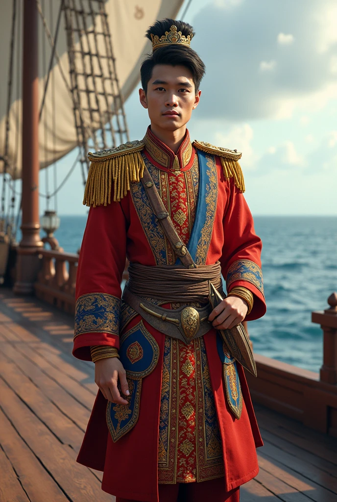 Picture of malay admiral,malay admiral on Jong,Malay admiral using Malay traditional attire,curved Malay Kris on his hand,young and handsome,malay coded face,strong,bold