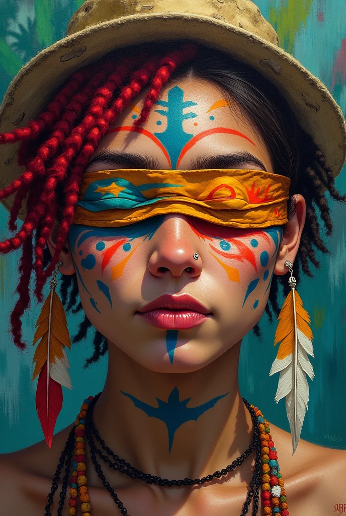 Portrait of a wild indigenous woman with tattoos on her face and colored blindfolds over her eyes , ayant un anneaux dans le nez tel un piercing, cheveux court avec des locks rouge portant un chapeau déchiré, plume au oreilles dans la jungle peinture coloré