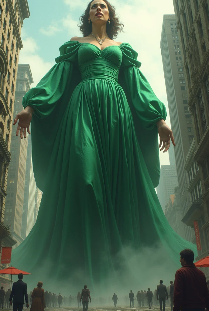 A women wearing green satin elegan her size increases and becomes a giant destroying citys she farts and people are running from her