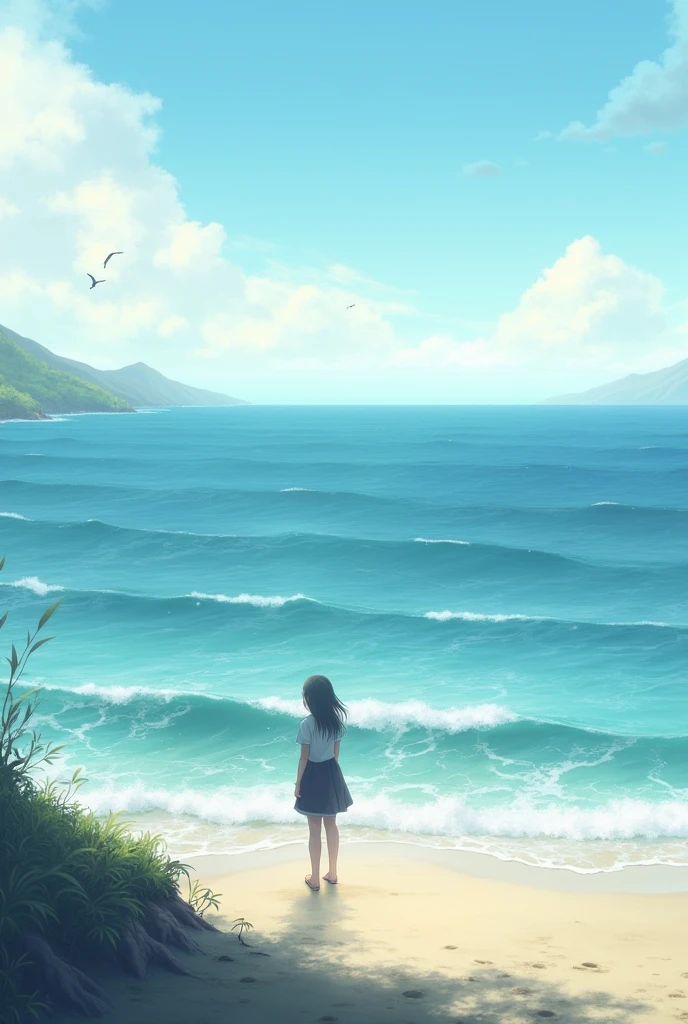 A view of the sea from the perspective of a person on the shore. The horizon has islands, waves, and wind.