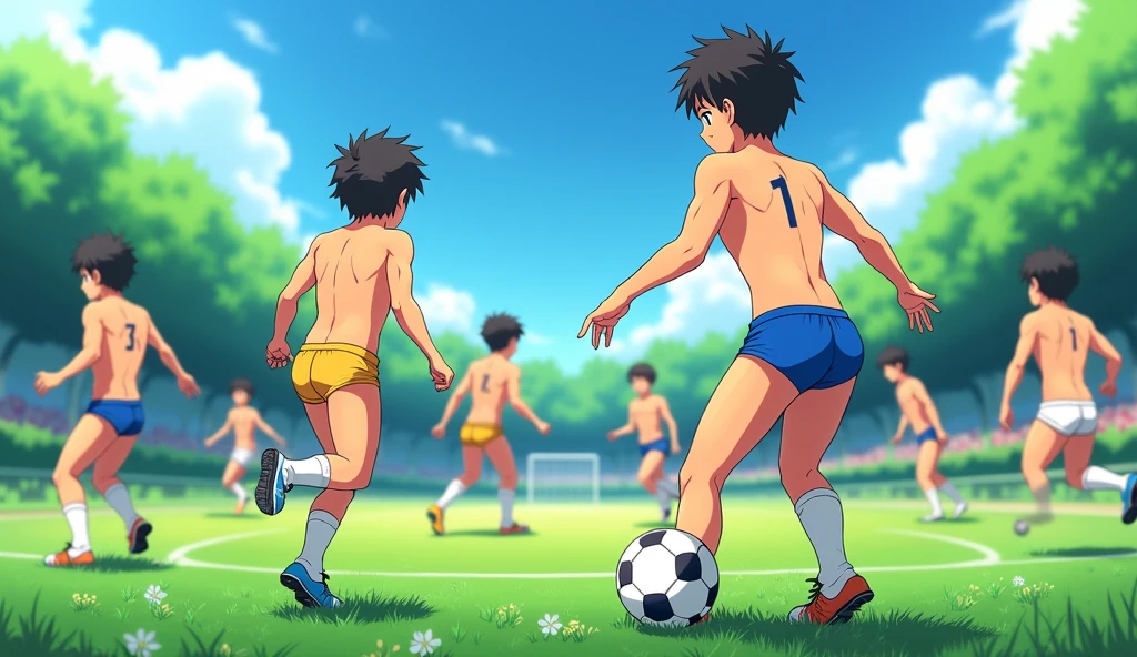 Boys are playing soccer They are just wearing very short thongs that show their ass and cleats each team uses short thongs that show their ass of different color one team uses blue and the other yellow on all the short thongs have the different number the place they are is an empty soccer field and it is a beautiful day the image has to be in anime shota