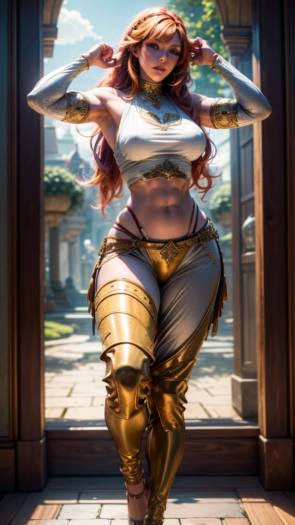 (best quality,4k,8k,highres,masterpiece:1.2),ultra-detailed, Amazonian Readhead, Viking Princess, laurenphillips, red hair, white seethru tanktop, brown pants, triumphant pose, -Muscular Female-, HDR, 8k, absurdres, cinestill 800, sharp focus, add_detail:2, (solo, woman)
