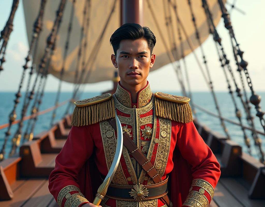 Picture of malay admiral,malay admiral on Jong,Malay admiral using Malay traditional attire,curved Malay Kris on his hand,young and handsome,malay coded face,strong,bold