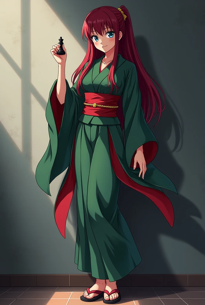 The image is anime style with shadows and dim lights, anime style although somewhat adult and dark, It shows a 40-year-old adult woman with blue eyes and wearing a beautiful oversized green and red yukata.; He also wears sandals. She has very long and loose hair., dark red, with a face that shows a smile with confidence and mischief. The background of the image is a grey wall. is beautiful, but he seems like a psychopath. He holds a chess piece in his hand.