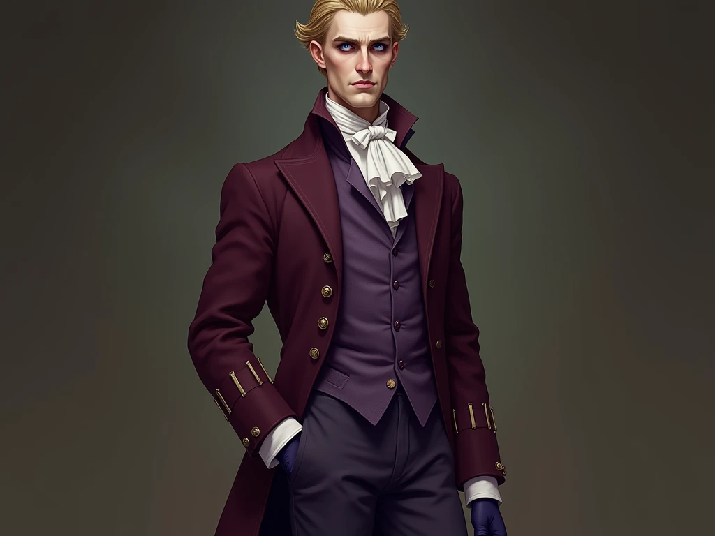 Pale and tall man, Appears to be 30-3. With light blond hair with a golden tint, Thin gray-blue eyes with dark purple eyeshadow and noticeably high cheekbones. His clothes are in Victorian style, old, Long dark burgundy jacket with lavender lining and gold pins on the folded cuffs. Under his jacket he has a purple vest over a white ruffled shirt, Wearing classic purple trousers, In dark blue knee-high boots and gloves of the same color.
