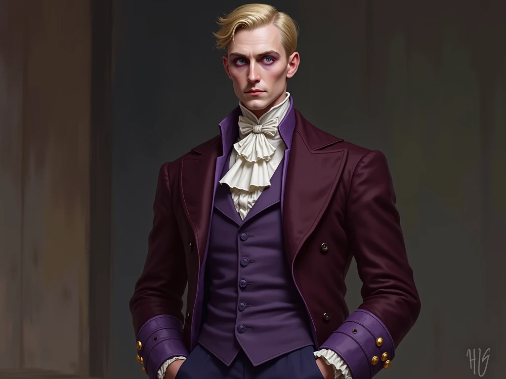 Pale and tall man, Appears to be 30-3. With light blond hair with a golden tint, Thin gray-blue eyes with dark purple eyeshadow and noticeably high cheekbones. His clothes are in Victorian style, old, Long dark burgundy jacket with lavender lining and gold pins on the folded cuffs. Under his jacket he has a purple vest over a white ruffled shirt, Wearing classic purple trousers, In dark blue knee-high boots and gloves of the same color.