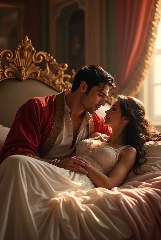 Draw a picture of a handsome prince meeting a girl and then they make love on the bed.