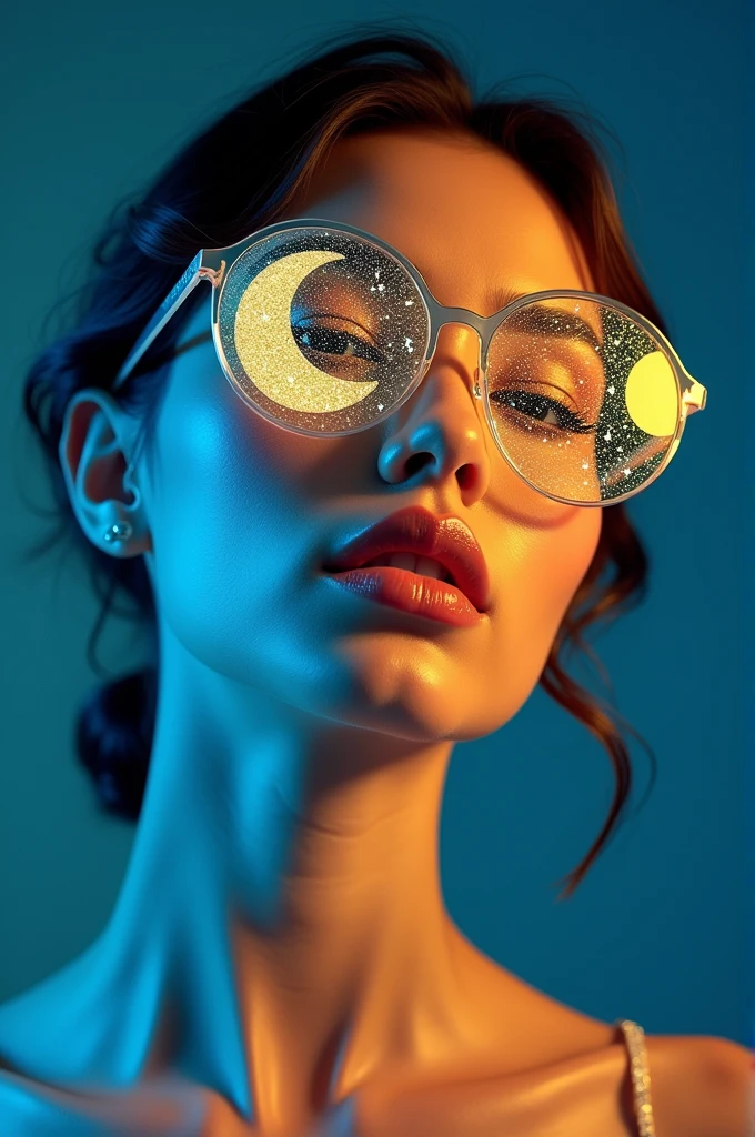 model wearing vitreous sunglasses with star and moon in the glass, in the style of dark sky-blue and light yellow, minimalist pen lines, fairy kei, use of precious materials, vibrant and lively hues, captivating, glitter 
