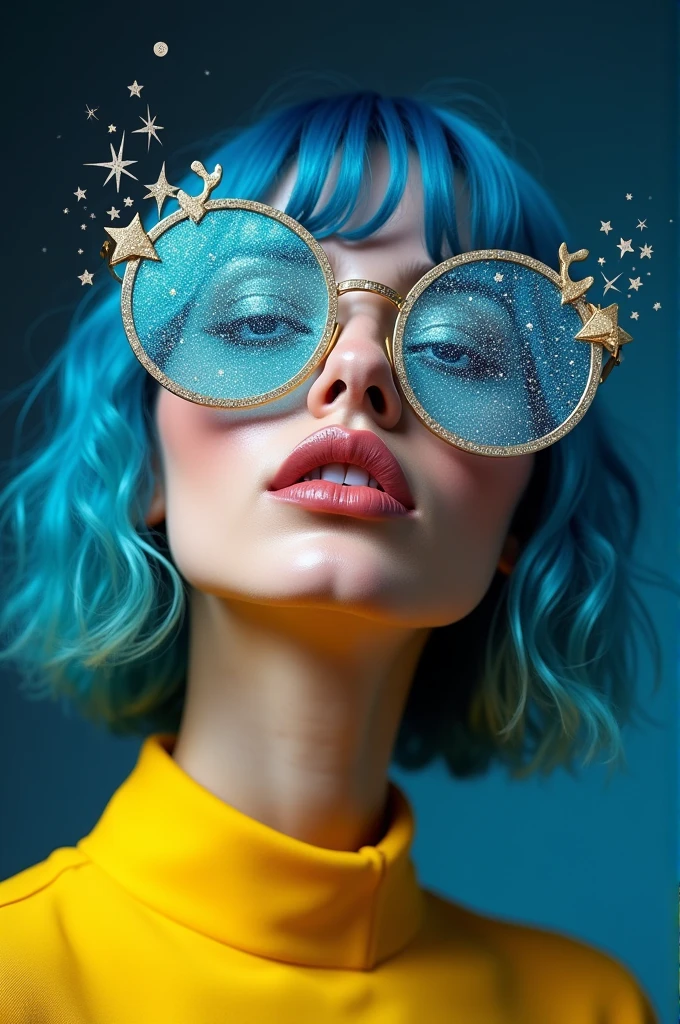 model wearing vitreous sunglasses with star and moon in the glass, in the style of dark sky-blue and light yellow, minimalist pen lines, fairy kei, use of precious materials, vibrant and lively hues, captivating, glitter