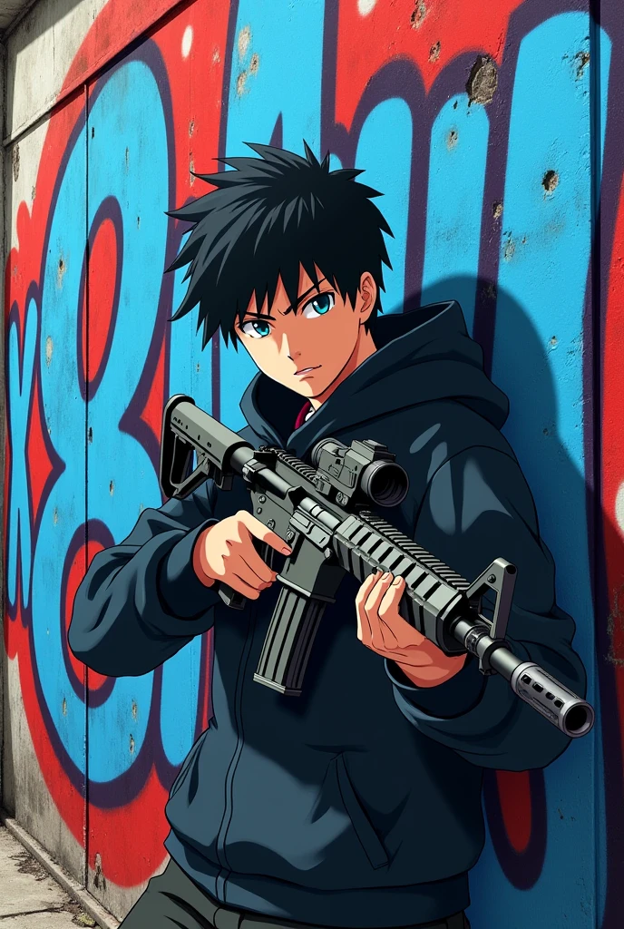 Anime man with a M416 COLOURING back wall blue and red and wall name is X8OGGY visible name