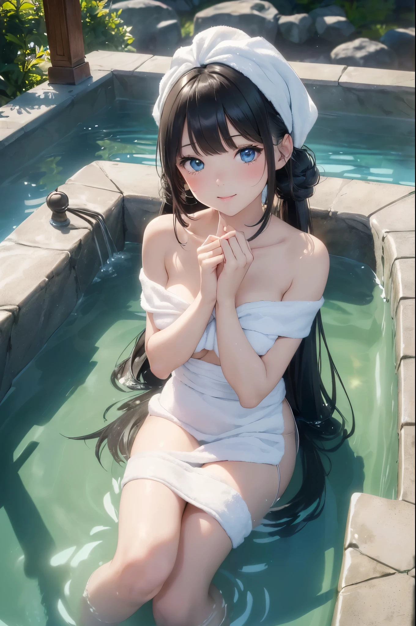 ((masterpiece)), ((highest quality、Ultra high definition)), (Very detailed),((8k、Photo quality))、((Amazingly cute girl))、(1 girl,)、Two people, , (Beautiful emerald blue eyes), ((smile)),((Ultra-luxury Japanese-style inn in Japan、A large open-air rock bath)), Beautifully arranged black hair in twin tails、Slim Body、(Cute little breasts)、(((A white bath towel is wrapped around her)))、Professional Lighting、(White lace knee-highore detailed and beautiful)、(More details and cutenesore realistic)、((Just wear light clothing))、Frolic in the pool、(Too cute)、(The embodiment of cuteness)、(Godly cuteness)、((Night view))、((You can barely see the top and bottom, but you can&#39;t.))、