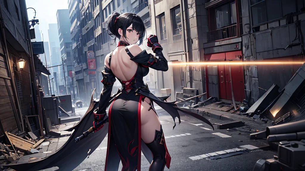 Black short-haired girl with doll head and flat chest，Japanese Ninja，kimono，Hand guard，One-piece swimsuit，thigh，stockings，Standing，Japanese castle roof