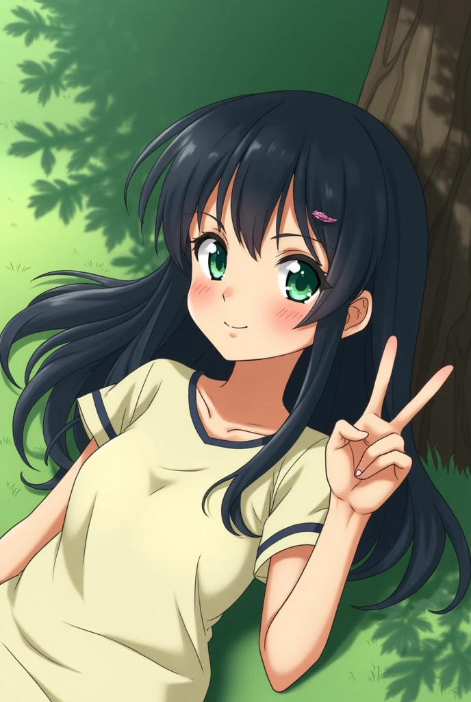 anime girl with black hair and green eyes making the peace sign, Moe anime art style, visual anime of a cute girl, in an anime style, in anime style, in the art style of 80s anime, cute anime girl, Beautiful anime style, anime style character, in anime style japonés, young anime girl, anime girl named lucy, as anime character, She is lying next to a tree, He has a blow to his head, and his eyes are closed