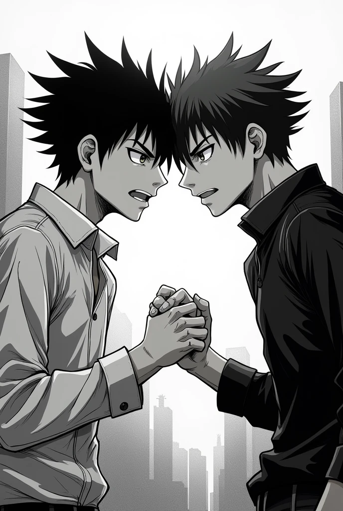Create a black and white manga cover featuring two men, of 16