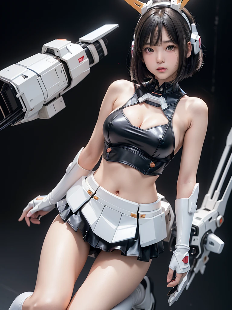 (highest quality)), ((masterpiece)), (very detailed: 1.3), 3d, {(japanese young girl)}, ((wears a futuristic Gundam mecha)),(Gundam), with headgear, with v-fin , ((unarmored cleavage)), ((unarmored stomach)), ((unarmored upper arms)), ((unarmored face)), (unarmored hands), (unarmored waist), ((unarmored thighs)), (unarmored ankles), japanese girl wear light blue and white striped pantie under armor, multilayer textureperfect proportions, octane rendering, duotone lighting, Low ISO, wide aperture, White balance, Rule of thirds, ultra HD16k, HDR (High Dynamic Range), Ray Tracing, nvidia RTX, Super Resolution, Subsurface Scattering, PBR Texturing, Post Processing, Anisotropic Filtering, Depth of Field, Maximum Clarity and Clarity, High efficiency subpixel, subpixel convolution, particles of light, light scattered, Tyndall effect, full body:1.5, battle pose, cute, (cute:1.2), (bob cut:1.3),Braid, Black Hair, Thick eyebrows, Light-colored irises, Big, bright black eyes, Long eyelashes, Small, light-colored, natural lips, (Average face of Japanese idols), (The uniquely Japanese like face:1.3), (baby de forehead:1.2, Plump Cheeks, Small jaw, open legs, spread feet, visible side boob, (Mecha Wing), (have gundam style weapon:1.2), Has a large shield, asymmetric body,destroyed city background,looking at viewer,Focus on the eyes,with sleek and menacing design,
