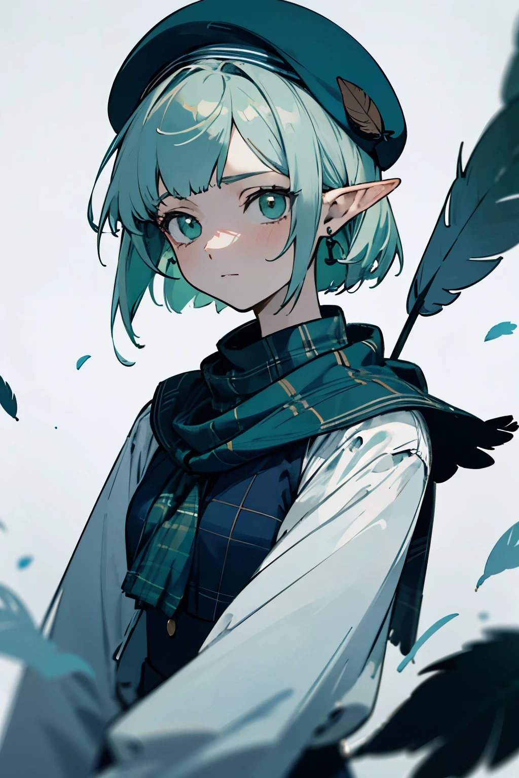 masterpiece, high quality, 4K, HDR,, A short-haired girl with green hair, wearing a navy blue beret and a navy blue bolero, a long flared trousers with scarlet ruffles, a tartan scarf in blue and green, and silver feather earrings. She has a modest appearance and a calm, expressionless, cool demeanor of an elven girl.