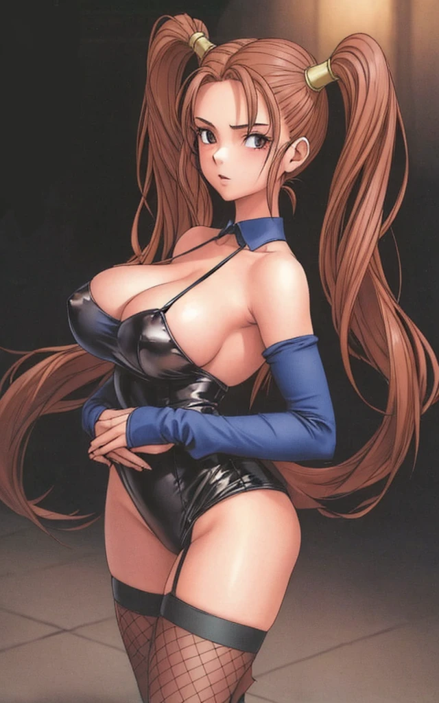 Jessica, with her large breasts, beautiful legs, shoulder-length twin tails, showing her arms and shoulders, and a mature face, is standing in a black high-cut bunny suit and fishnet stockings with her hands on her hips.。