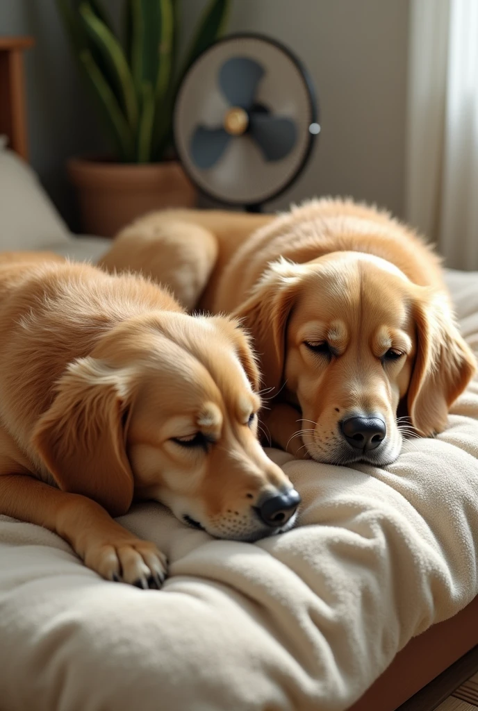 Golden Retriever、Are sleeping、Realistic fur、Fluffy futon、Realistic、raw、Photorealistic、Super detailed、high resolution、high quality、High resolution、Fan、Lying on your back