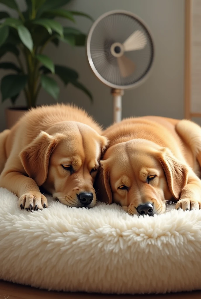 Golden Retriever、Are sleeping、Realistic fur、Fluffy futon、Realistic、raw、Photorealistic、Super detailed、high resolution、high quality、High resolution、Fan、Lying on your back