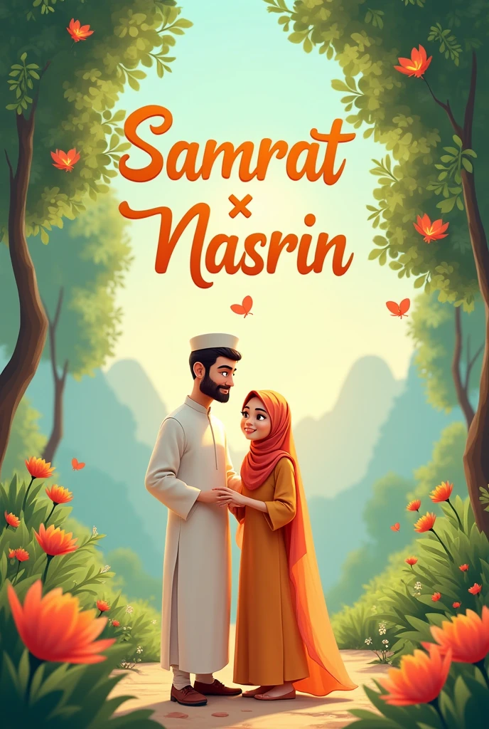 make a ai picture about this prompt "a Muslim couple standing in a background where write their name , name of their are 'Samrat ❤️ Nasrin' the characters are fully animated 