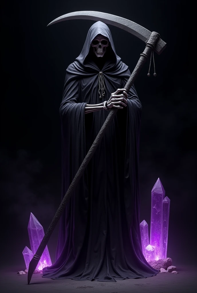 Dark hooded robe, bony hands holding a large scythe, black background, purple crystals glowing behind it, there is no skeleton figure , robe extending outwards, there is no white light, scythe blade very long, only holding the scythe