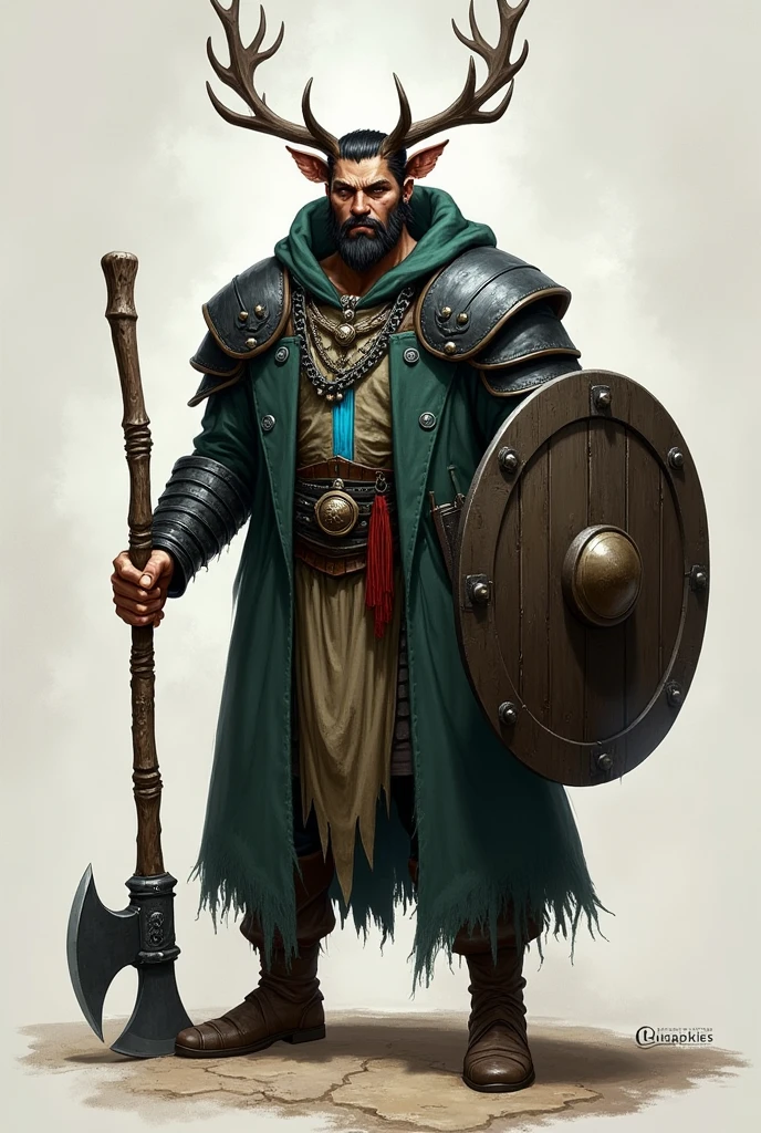 Create me a character for Dungeons and Dragons, a person in the role of a shaman. The character is 30 years, large, not quite as muscular, with a coat and a hood with deer antlers on the hood. No beard and a young face. In his hand an axe. Als Rüstung trägt er largee Schulter Platten aus Schwarzem Holz. Dazu ein largeer Schild in der linken Hand. With a dark green leather armor. On the chest a light blue stripe
