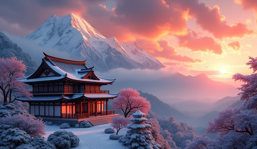 realistic Japanese landscape, traditional Japanese house, mountains with snow, sunset, vivid colors, (best quality,4k,8k,highres,masterpiece:1.2),ultra-detailed,(realistic,photorealistic,photo-realistic:1.37),HDR,UHD,studio lighting,professional,stunning,dramatic lighting,intricate details,breathtaking scenery,natural beauty,serene atmosphere