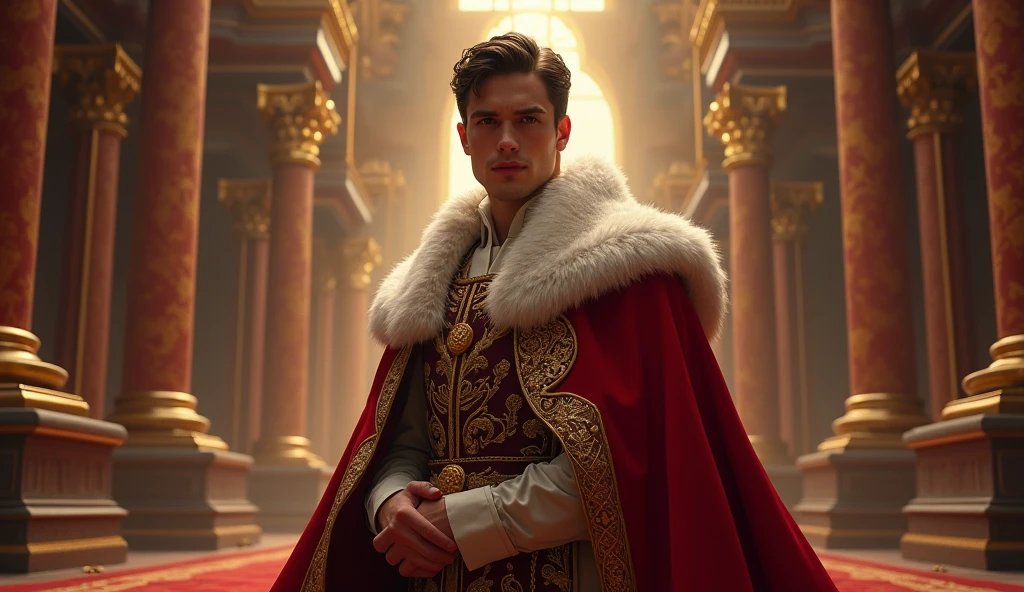 A handsome and young man has become a male king based on the kingdom and stands in the palace with a solemn face with a very strong alpha aura and wears a king's robe..