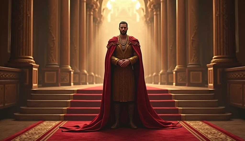 A handsome and young man has become a male king based on the kingdom and stands in the palace with a solemn face with a very strong alpha aura and wears a king's robe..