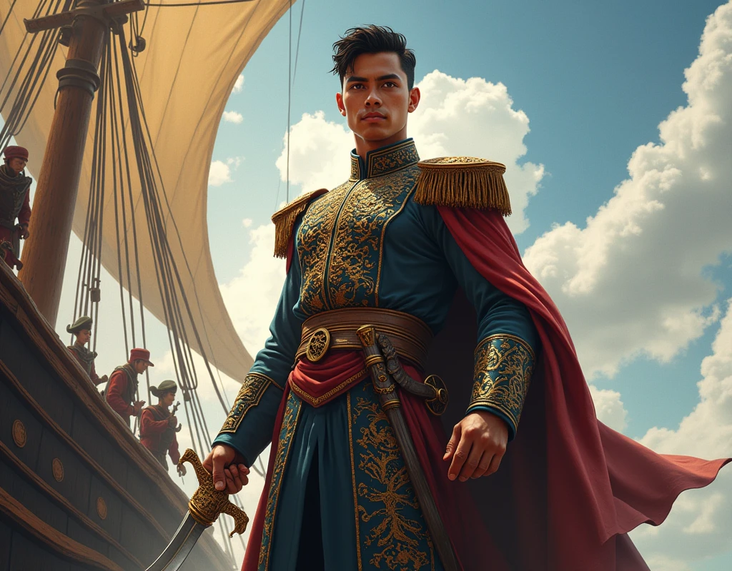 Picture of malay admiral,malay admiral on Jong,Malay admiral using Malay traditional attire,curved Malay Kris on his hand,young and handsome,malay coded face,strong,bold,wearing Baju Melayu