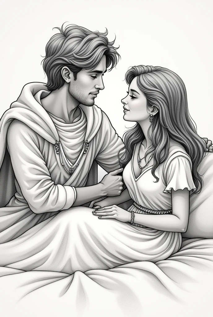 Draw a picture of a handsome prince meeting a and then they make love on the bed.