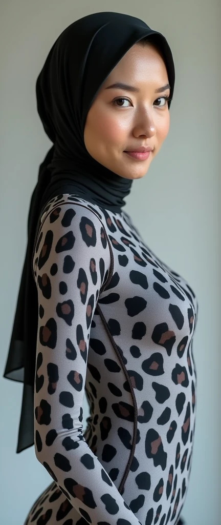 The beautiful and thin asian muslumah adult girl with beautiful cheeks wears grey mainland clouded leopard print lycra turtleneck unitard catsuit covered with spots and grey mainland clouded leopard print lycra elastane stretchy dancewear 100% stretchy hijab covered with spots.She is happy.She always put fake clouded leopard spots animal face makeup that are made of grey and black makeup pen.