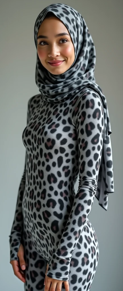 The beautiful and thin asian muslumah adult girl with beautiful cheeks wears grey mainland clouded leopard print lycra turtleneck unitard catsuit covered with spots and grey mainland clouded leopard print lycra elastane stretchy dancewear 100% stretchy hijab covered with spots.She is happy.She always put fake clouded leopard spots animal face makeup that are made of grey and black makeup pen.